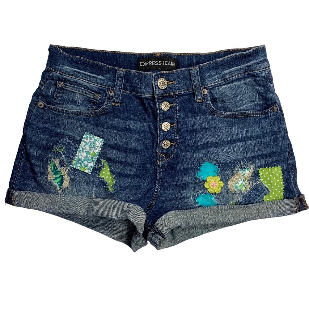Express Button Fly Jean Shorts Patchwork Boho Flower Denim Summer Womens 8